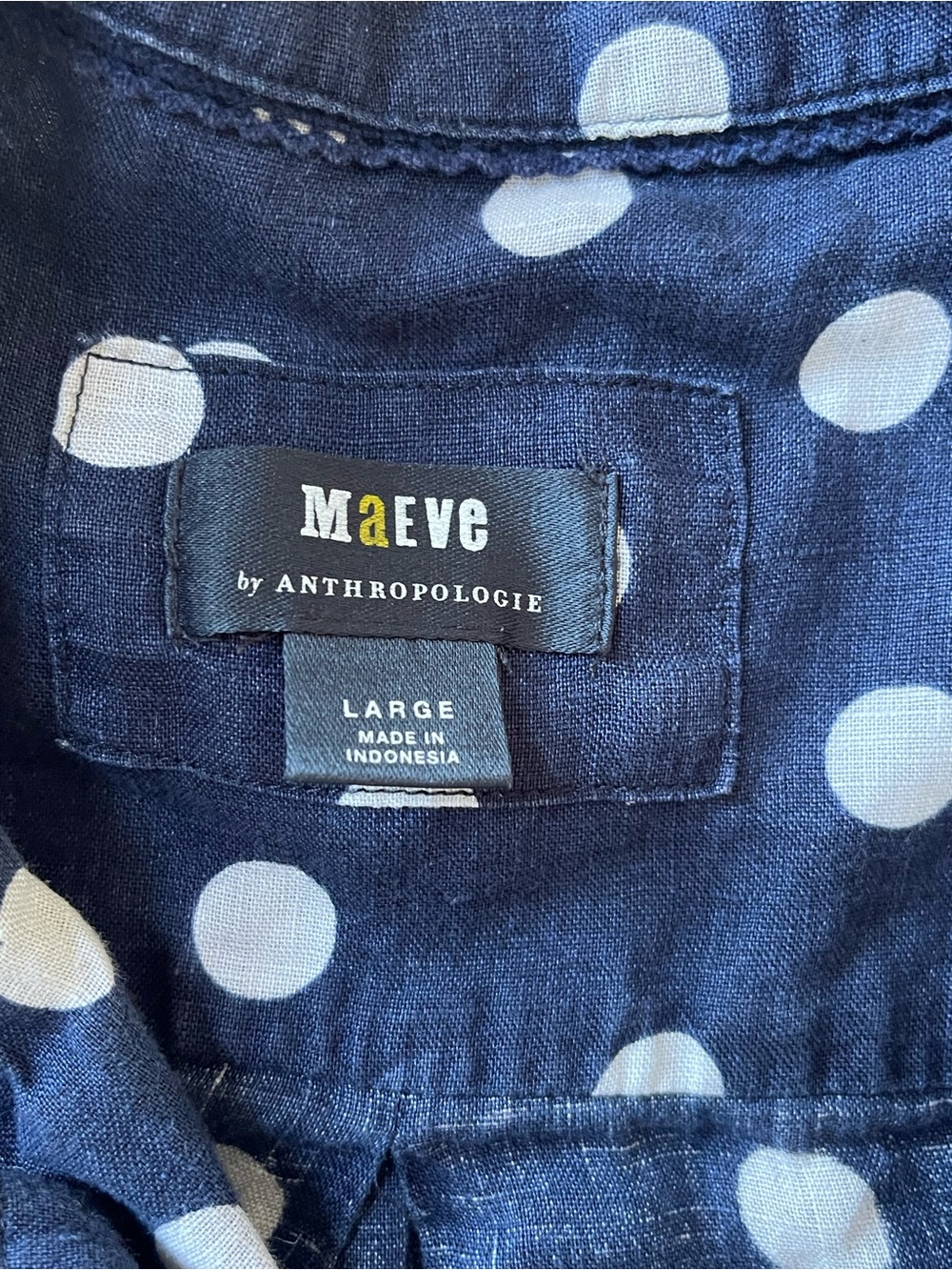 Maeve Anthropologie 100% Linen Navy White Polka Dot Button Front Shirt Large - Picture 4 of 9
